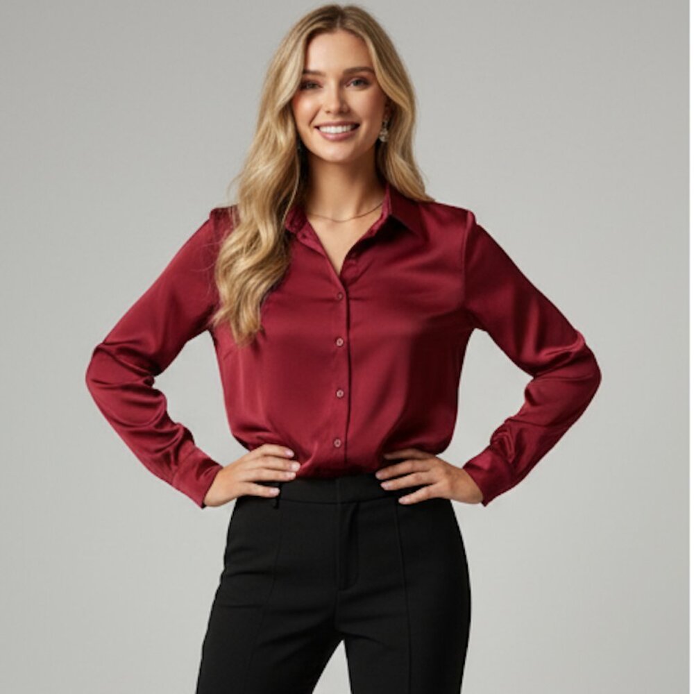 Satin Button Front Long Sleeve Blouse Burgundy